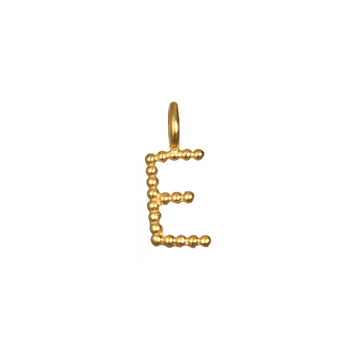 Initial Letter Charm 'E' crafted in 18kt gold plating, ideal for layering and expressing personal spirituality. This charm connects with meaningful themes of protection, manifestation, and is a beautiful addition to your zodiac-inspired malas.