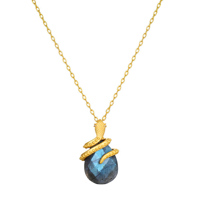 Inner Knowing Labradorite Snake Necklace crafted with a delicate 18kt gold plate chain, featuring a coiled snake design cradling a stunning labradorite stone, symbolizing intuition and transformation. Perfect spiritual jewelry for meditation and as a meaningful talisman for protection and manifestation.