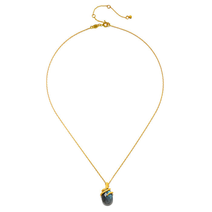 Close-up of the Inner Knowing Labradorite Snake Necklace showcasing the coiled snake design and mystical labradorite, representing spiritual meaning and serving as a talisman for yoga and zodiac practices.