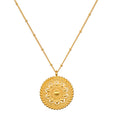 Inner Light Mandala Necklace featuring an intricate mandala pendant, a symbol of spiritual meaning and protection, ideal for meditation and manifestation. This spiritual jewelry shines with a gold plate finish, perfect for yoga enthusiasts.