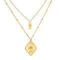 The Intention of Blessings Necklace Set featuring two necklaces in 18kt gold plate, adorned with hamsa symbols for protection and spirituality, ideal for meditation and manifestation. This spiritual jewelry serves as a meaningful talisman, enhancing your yoga practice and daily affirmations.