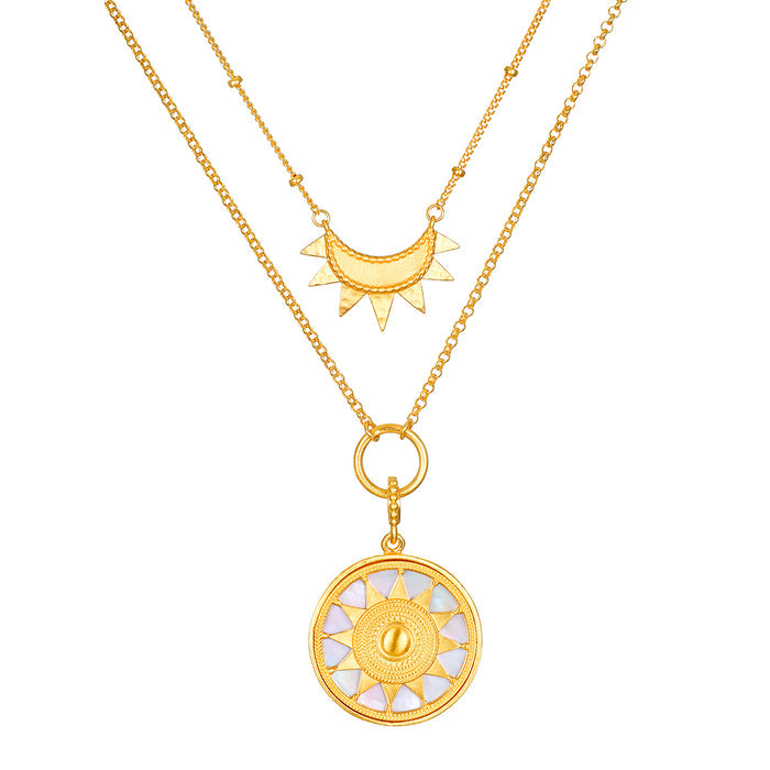 Intention of Harmony Necklace Set featuring a sun and moon design in 18kt gold plate, ideal for spiritual jewelry and meditation, symbolizing vitality and peace, perfect for meaningful manifestation.