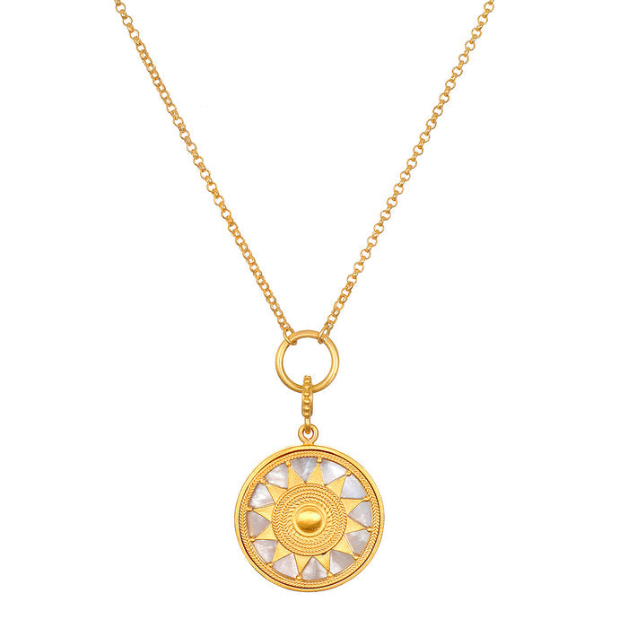 Intention of Harmony Necklace Set showcasing a beautiful gold pendant with a sun design, representing vitality and spiritual energy. Ideal for those seeking meaningful spiritual jewelry for meditation and talisman purposes.