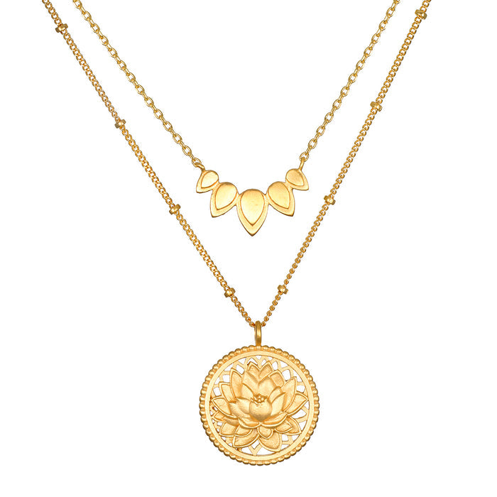 Intention of Infinite Potential Necklace Set featuring a gold lotus pendant and a delicate layering chain, symbolizing growth and transformation. Ideal spiritual jewelry for meditation and meaningful manifestation.