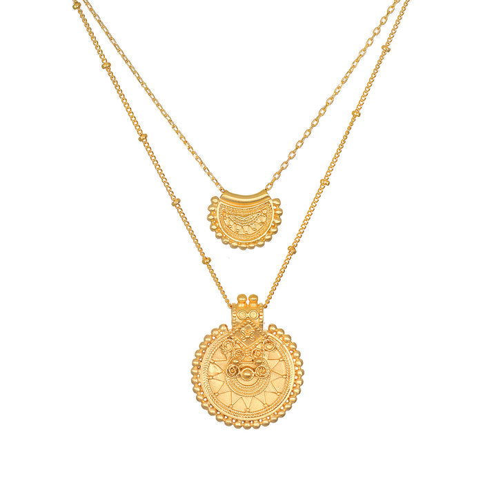 Intention of Peace Mandala Necklace Set showcasing two beautifully layered necklaces, featuring mandala pendants. This spiritual jewelry set is perfect for meditation and serves as a meaningful talisman for manifestation, connecting with the sun, moon, and the essence of yoga.