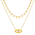 Intention of Protection Necklace Set featuring a multi coin charm choker and an Evil Eye pendant, embodying elements of spiritual jewelry and protection, ideal for meditation and meaningful manifestation in yoga practice.