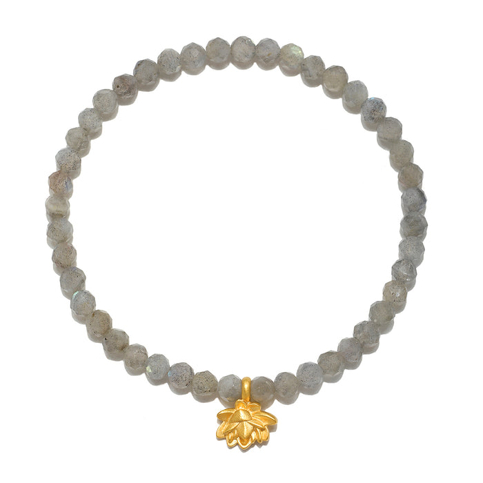 Intentional Journey Labradorite Lotus Bracelet featuring 4mm faceted round labradorite beads and an 18k gold plate lotus charm, perfect for spiritual jewelry and meditation. This meaningful talisman is ideal for manifestation, aligning with zodiac energies, and enhancing yoga practices.