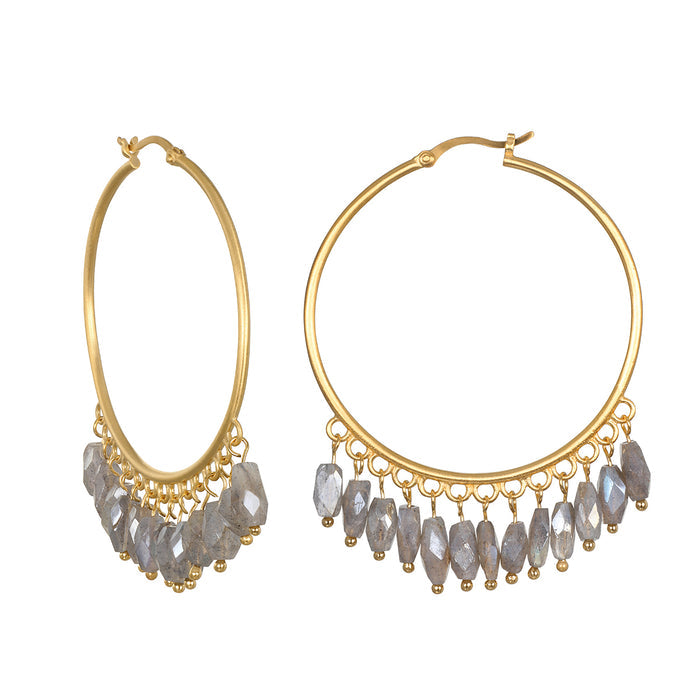 Gold-tone hoop earrings with gray faceted labradorite beads hanging from the bottom edge.