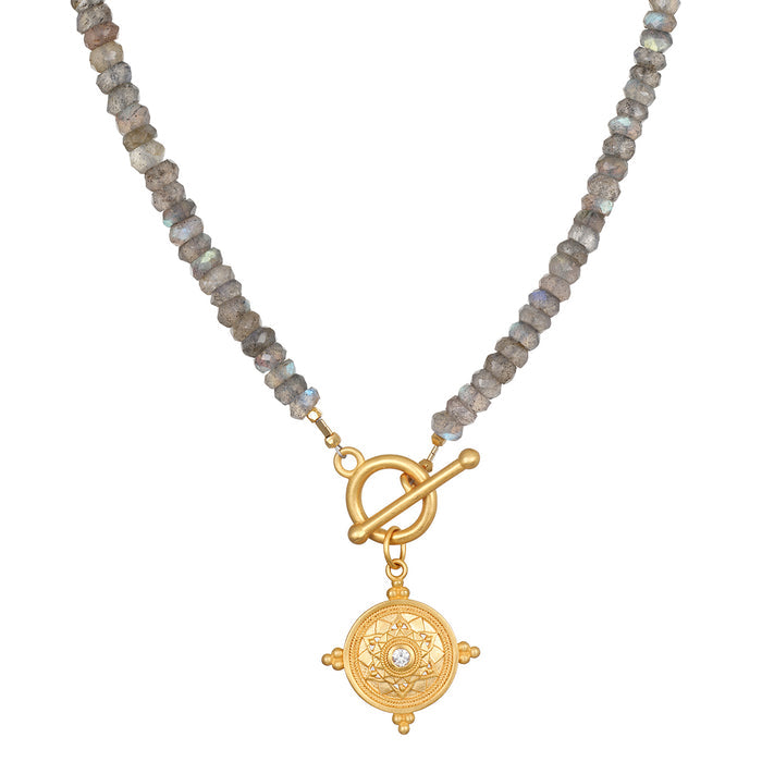 Labradorite bead necklace with gold-tone toggle clasp and circular mandala pendant featuring crystal center.