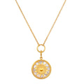 Inward Journey Pearl Mandala Necklace showcasing a stunning gold plate pendant adorned with mother of pearl, symbolizing spirituality and protection, perfect for meditation and meaningful reflection. This talisman is ideal for those seeking a connection with the infinite, enhancing their yoga practice and manifestation journey.