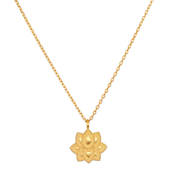 Journey Forward Lotus Gold Necklace showcased with intricate details, symbolizing new beginnings in spiritual jewelry. An ideal talisman for manifestation, meditation, and meaning, perfect for yoga and other spiritual practices.