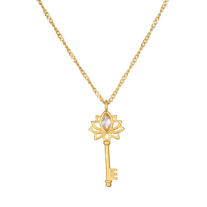 Key to My Heart White Topaz Key Necklace showcased on a delicate chain, symbolizing empowerment and new beginnings, perfect for spiritual jewelry enthusiasts and meditation practices. This talisman is ideal for those seeking meaningful manifestations in their lives, embodying the essence of protection as you explore your zodiac journey.
