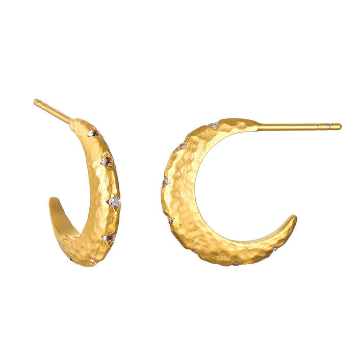 Kindred Spirits Sparkling Moon Hoops, beautifully designed hoop earrings in 18kt gold plate adorned with white topaz. A perfect piece of spiritual jewelry that symbolizes nourishment, protection, and creativity, making it a meaningful talisman for meditation and manifestation.