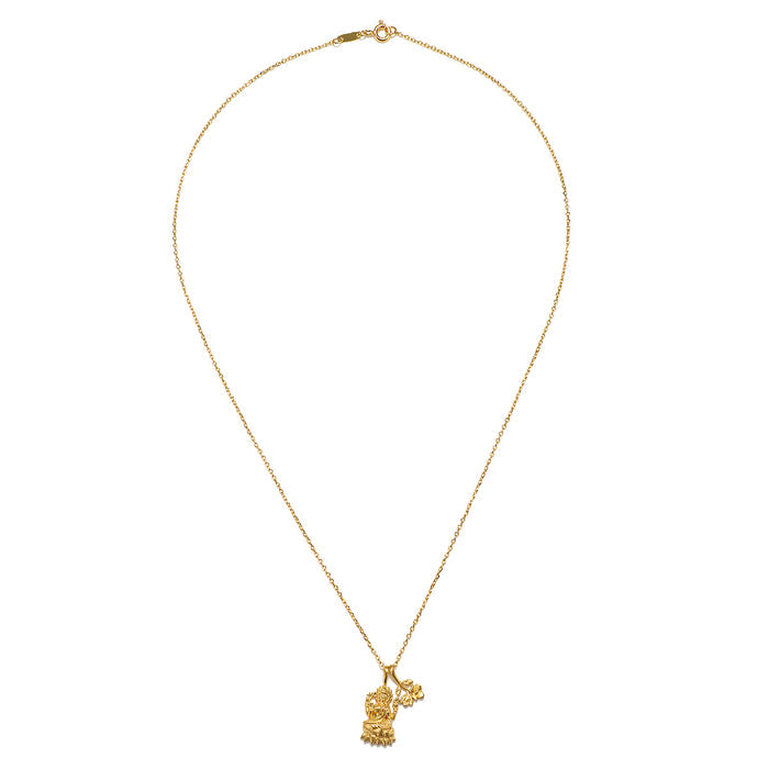 The Lakshmi Hindu Goddess, Awaken Abundance Necklace displayed elegantly against a white background, featuring the goddess pendant and flower charm. This meaningful piece of spiritual jewelry serves as a talisman for meditation and protection, making it a great choice for those interested in manifestation and yoga.