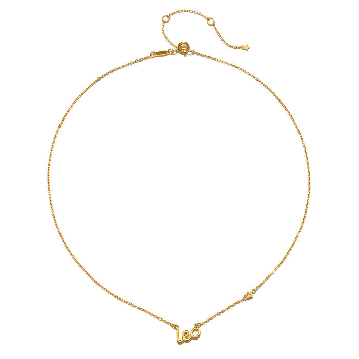 Close-up view of the Leo Radiance Zodiac Script Necklace highlighting its delicate design and adjustable length, a beautiful piece of spiritual jewelry that embodies the essence of the sun sign Leo, perfect for meditation and personal expression.
