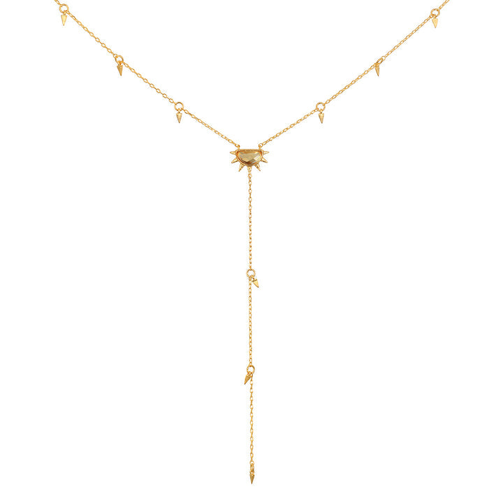 Light of Day Gold Lariat Necklace featuring a sunburst design in citrine, symbolizing radiance and joy, perfect for spiritual jewelry, meditation, and meaningful manifestation.