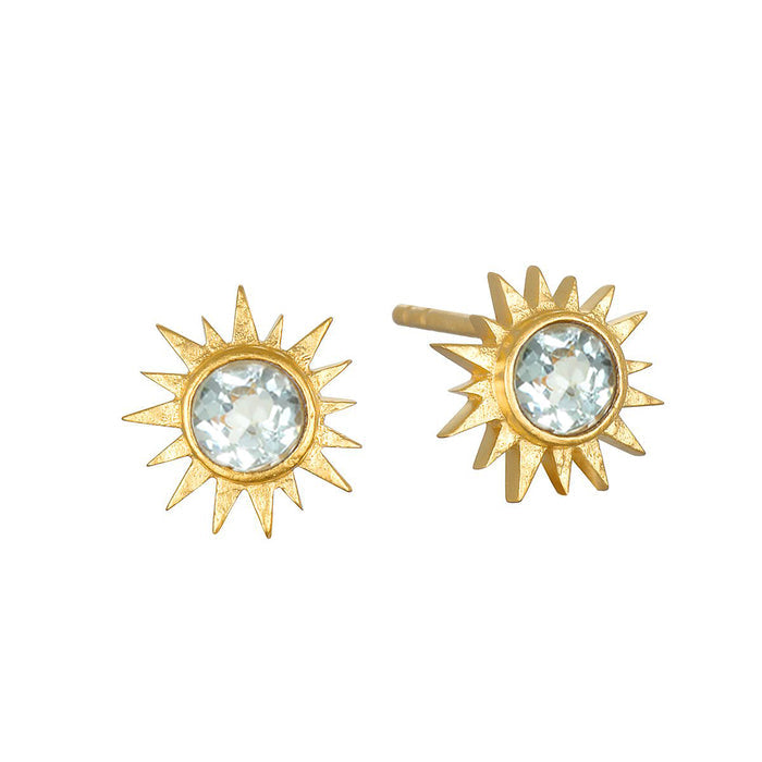 Light Seeker Blue Topaz Starburst Earrings showcasing a north star design with blue topaz center. These earrings are perfect for spiritual jewelry enthusiasts, meditation practices, and those seeking meaningful talismans for protection and manifestation. Ideal for yoga lovers, they embody the essence of the sun, moon, and zodiac energy.