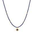 Light Seeker Lapis Starburst Choker Necklace featuring a stunning starburst lapis pendant amidst golden rays, perfect for spiritual jewelry and meditation practices. This elegant piece symbolizes protection and power, embodying the sun's vitality and the essence of meaningful manifestations.