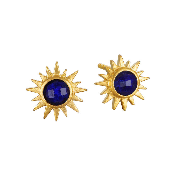 Light Seeker Lapis Starburst Earrings featuring a vibrant lapis stone at the center, surrounded by radiant 18KT gold plate rays, perfect for spiritual jewelry, meditation, and charm. These meaningful earrings symbolize protection, power, and vitality, aligning with sun and zodiac energies for yoga and manifestation practices.