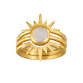 Light Seeker Moonstone Starburst Nested Ring Set showcasing a beautiful design with a luminous moonstone centerpiece, perfect for those seeking spiritual jewelry, meditation, and protection, while adding a meaningful touch to your look.