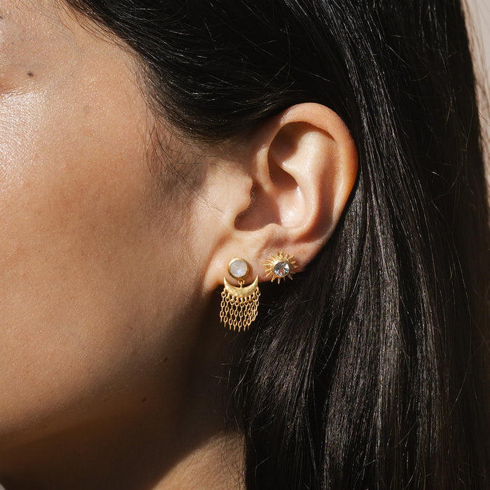 Profile view of a woman adorned with Light Seeker White Topaz Starburst Stud Earrings alongside an elegant design earring. This beautiful spiritual jewelry symbolizes meditation, zodiac alignment, and the importance of meaningful talismans for protection and personal growth, perfect for those seeking manifestation in life.