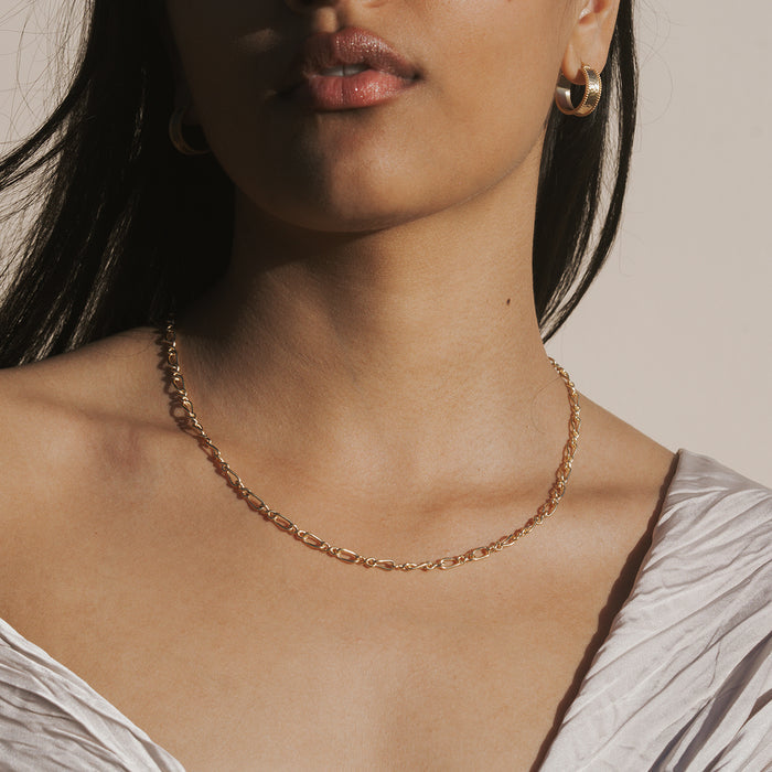 Gold-toned chain necklace with alternating oval and circular links worn close to the neck.