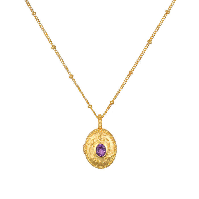 Lotus Amethyst Birthstone Locket Necklace - February showcasing a delicate 18kt gold-plated locket embellished with a faceted amethyst, symbolizing spirituality and new beginnings. This piece of spiritual jewelry serves as a meaningful charm for meditation or yoga, embodying protection and positive manifestation.