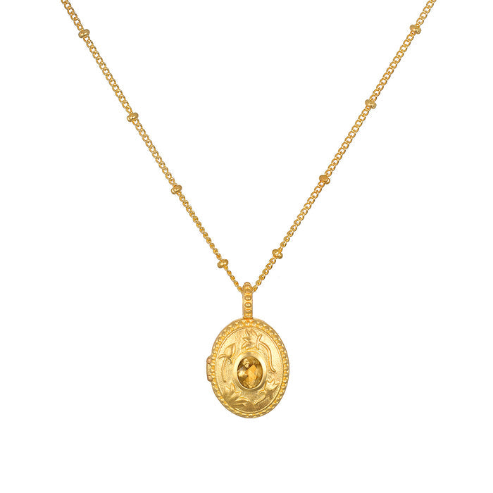 Lotus Citrine Birthstone Locket Necklace - November featuring intricate lotus flower engravings and a sparkling citrine gemstone, perfect for spiritual jewelry, meditation, and meaningful manifestation.