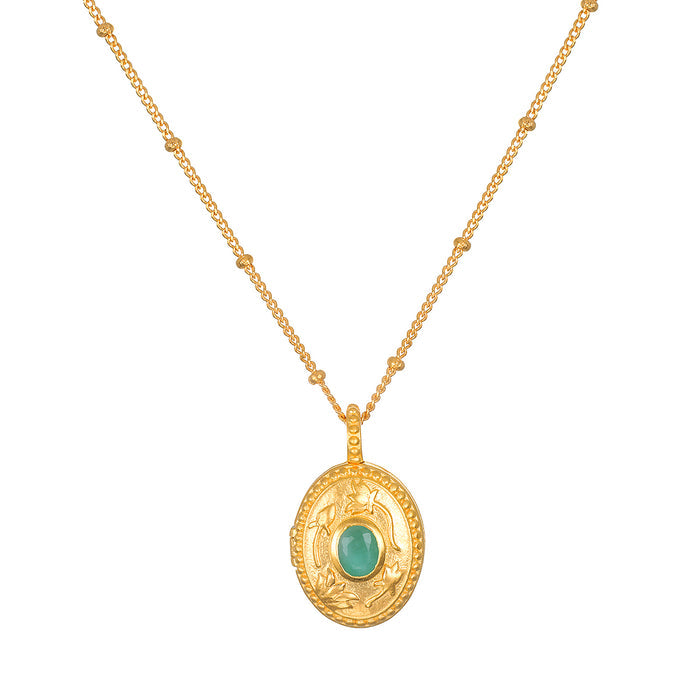 Lotus Emerald Birthstone Locket Necklace - May featuring an 18kt gold plated design with a faceted emerald, symbolizing new beginnings and personal keepsakes, perfect for spiritual jewelry, meditation, and meaningful charm.