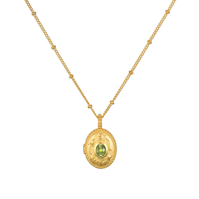 Lotus Peridot Birthstone Locket Necklace - August displayed elegantly on a white background, symbolizing new beginnings and meaningful connections in spiritual jewelry, ideal for meditation and manifestation.