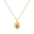 Lotus Ruby Birthstone Locket Necklace - July showcasing an elegant 18kt gold plated locket with a faceted Ruby, symbolizing love and new beginnings, perfect for spiritual jewelry enthusiasts, meditation, and meaningful manifestations.