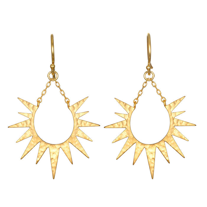 Lucent Glow Starburst Linear Drop Earrings, crafted in 18kt gold plated brass, embody spiritual jewelry that inspires meditation and meaningful manifestation, featuring a sunburst design that symbolizes guidance and dreams.