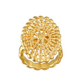 Gold-toned mandala ring with intricate circular filigree pattern and scalloped band.