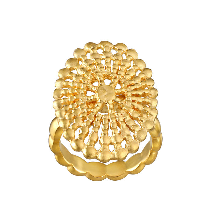 Gold-toned mandala ring with intricate circular filigree pattern and scalloped band.