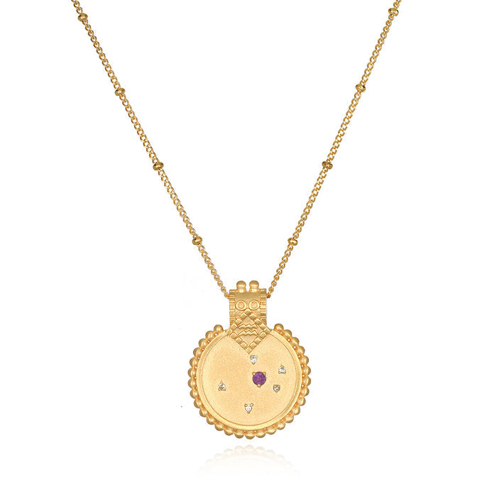 Mandala Zodiac Aquarius Amethyst Necklace featuring a gold pendant that embodies spirituality and protection. This sacred piece makes a meaningful gift for meditation and yoga practice, symbolizing the zodiac sign Aquarius. Perfect as an amulet for manifestation.