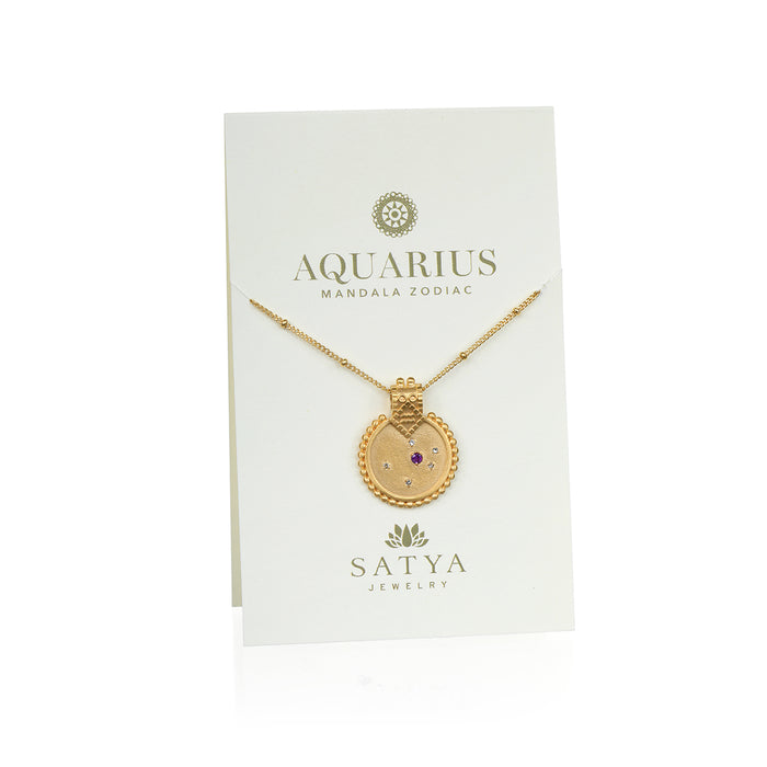 The Mandala Zodiac Aquarius Amethyst Necklace beautifully displayed on a card, highlighting its significance in spiritual jewelry and meditation gifts. This zodiac-inspired design serves as a protective amulet, blending meaning with elegance.