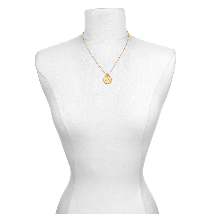 The Mandala Zodiac Aquarius Amethyst Necklace displayed on a mannequin, emphasizing its unique design that resonates with those who appreciate meaningful and protective spiritual jewelry. This necklace is a beautiful representation of the zodiac, perfect for manifestation and yoga.