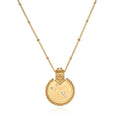 A stunning Mandala Zodiac Aries White Topaz Necklace featuring a round pendant surrounded by intricate detailing, symbolizing individual strength and creativity. Perfect for spiritual jewelry and meditation gifts, this unique piece embodies meaningful attributes that resonate with the Aries zodiac sign.