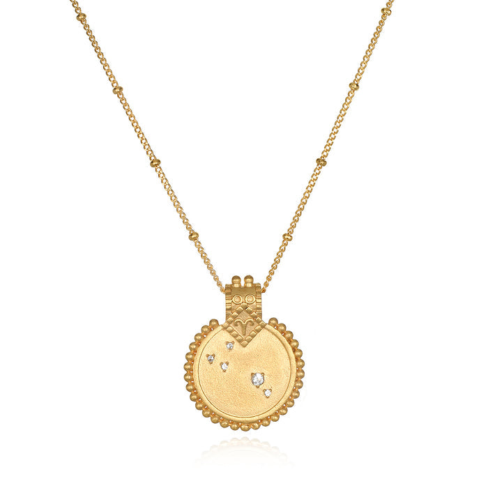 A stunning Mandala Zodiac Aries White Topaz Necklace featuring a round pendant surrounded by intricate detailing, symbolizing individual strength and creativity. Perfect for spiritual jewelry and meditation gifts, this unique piece embodies meaningful attributes that resonate with the Aries zodiac sign.