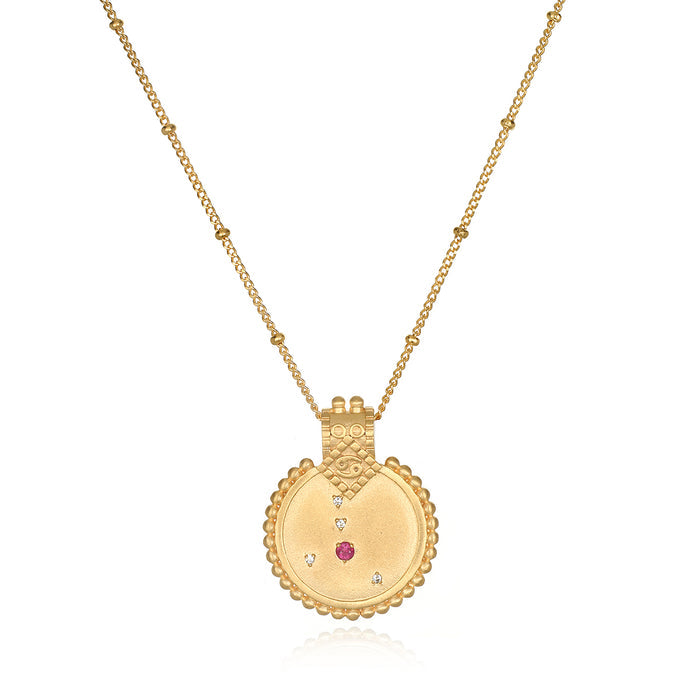 Mandala Zodiac Cancer Ruby Necklace, a beautiful piece of spiritual jewelry that symbolizes the nurturing qualities of Cancer. This meaningful talisman features a vibrant ruby pendant, perfect for enhancing meditation and manifestation practices. Ideal for those who resonate with zodiac signs, this necklace aligns with energies of protection and the balance of sun and moon during yoga.
