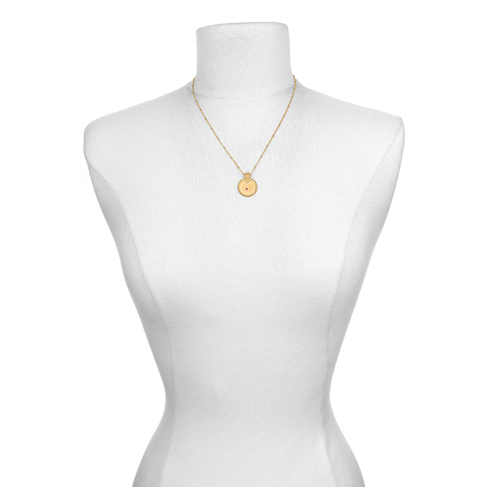 Mandala Zodiac Cancer Ruby Necklace displayed on a bust, showcasing its elegance as a meaningful talisman for manifestation and spiritual protection in the zodiac realm.