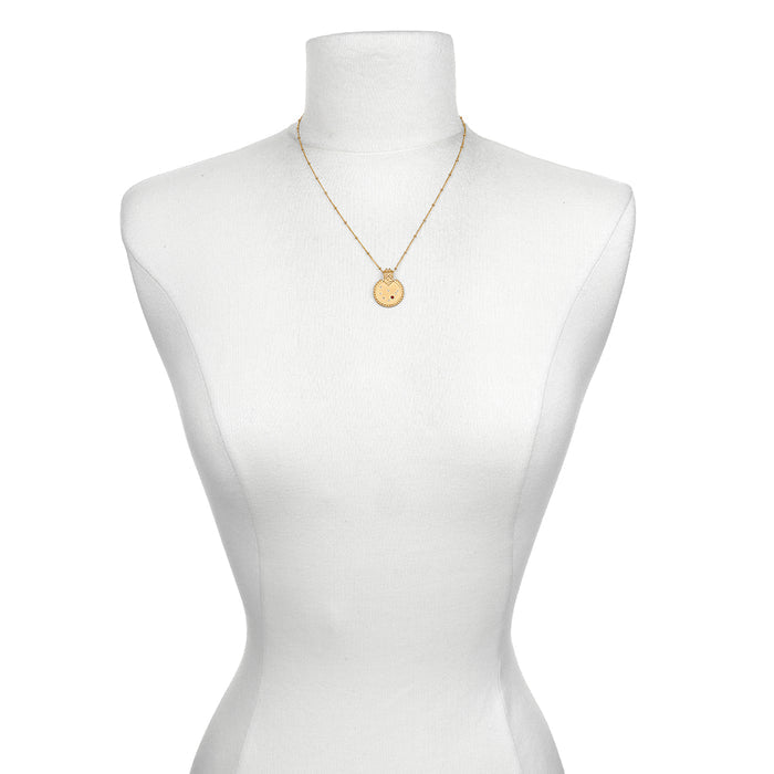 Mandala Zodiac Capricorn Red Garnet Necklace showcased on a minimalist dress form, symbolizing protection and spiritual significance, perfect as a meditation gift or sacred accessory for zodiac lovers.