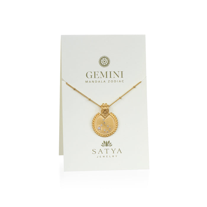 Mandala Zodiac Gemini Pearl Necklace displayed on a card, symbolizing spiritual jewelry featuring pearls as a talisman for Gemini, reflecting meditation, zodiac meanings, and protection for the wearer.