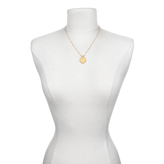 Model wearing the Mandala Zodiac Gemini Pearl Necklace, showcasing the elegant design and its significance in spiritual practices, meditation, and astrology, serving as a meaningful talisman for yoga and manifestation.