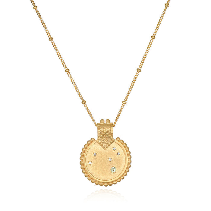 Mandala Zodiac Leo Peridot Necklace showcasing intricate design and radiant gold plating, perfect for spiritual jewelry, meditation, and as a protective talisman. This zodiac-themed necklace embodies the energy of the sun and is meaningful for those practicing yoga and manifestation.