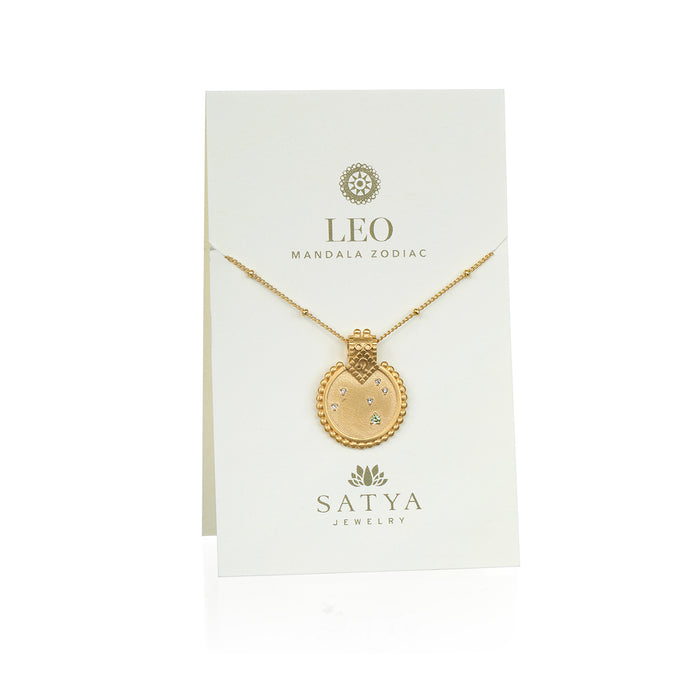 Mandala Zodiac Leo Peridot Necklace presented on a branded card, symbolizing spiritual jewelry, meditation, and protection, perfect for those embracing their zodiac identity in a meaningful way.