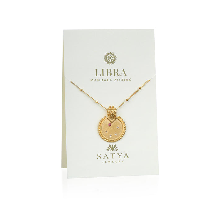 Mandala Zodiac Libra Pink Tourmaline Necklace beautifully displayed on a card, embodying spiritual jewelry and meaningful design, perfect for meditation, manifestation, and zodiac enthusiasts.