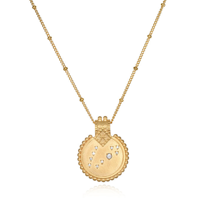Mandala Zodiac Pisces Aquamarine Necklace featuring a beautiful gold-plated design with symbolic elements, perfect for those seeking spiritual jewelry, meditation gifts, and meaningful manifestations. This protective amulet resonates with the energy of the Pisces zodiac, making it an ideal choice for yoga and mantra practices.