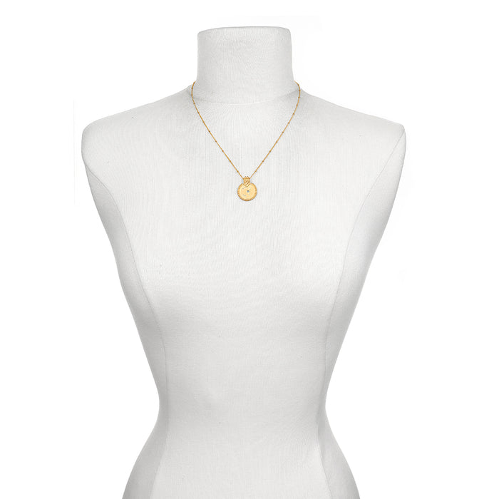 Mandala Zodiac Sagittarius Blue Topaz Necklace displayed on a mannequin, showcasing its beauty as spiritual jewelry, perfect for meditation and representing the meaning of zodiac energies and manifestations.