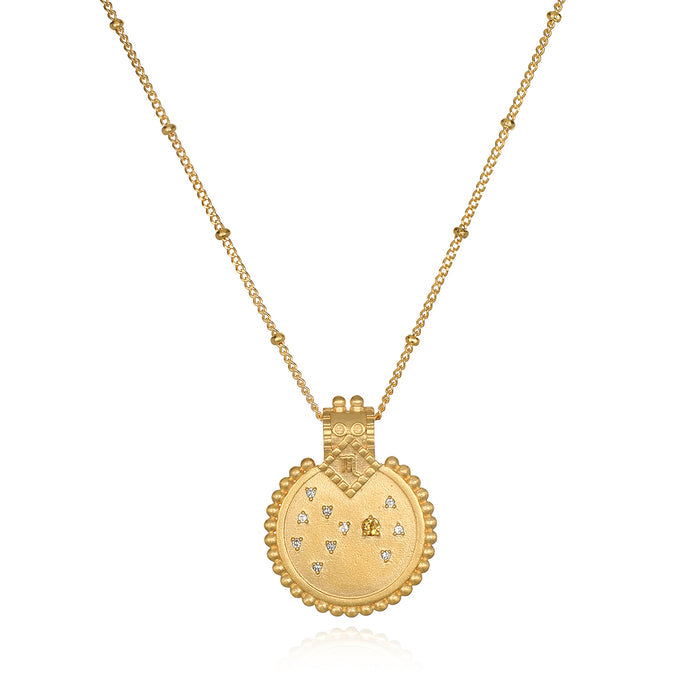 Mandala Zodiac Scorpio Citrine Necklace featuring intricate designs, perfect for spiritual jewelry, enhancing meditation and serving as a talisman for zodiac enthusiasts. This meaningful piece captures the essence of sun and moon energy, ideal for yoga and guiding manifestation.
